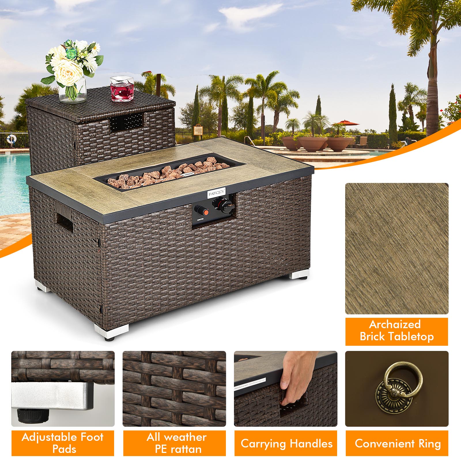 6 Pieces Outdoor Wicker Furniture Set with 32 Inch Propane Fire Pit Table