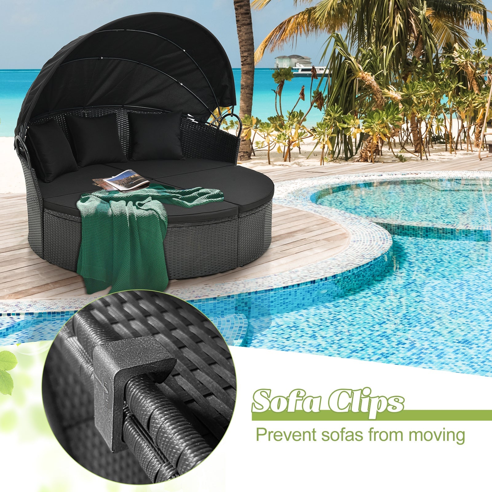 Clamshell Patio Round Daybed Wicker with Retractable Canopy and Pillows