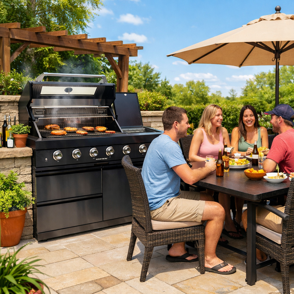 Premium Black Stainless Steel 4-Burner Liquid Propane Kitchen Grill Island With Rotisserie Kit