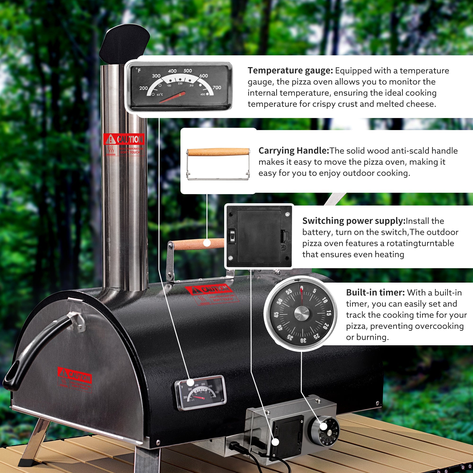 Black Pizza Oven Outdoor 12" Automatic Rotatable Pizza Oven