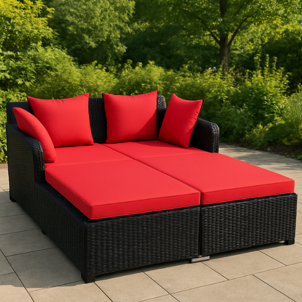 Spacious Outdoor Rattan Daybed with Upholstered Cushions and Pillows