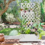 White Metal Outdoor Raised Garden  Planter Box with Trellis on Wheels
