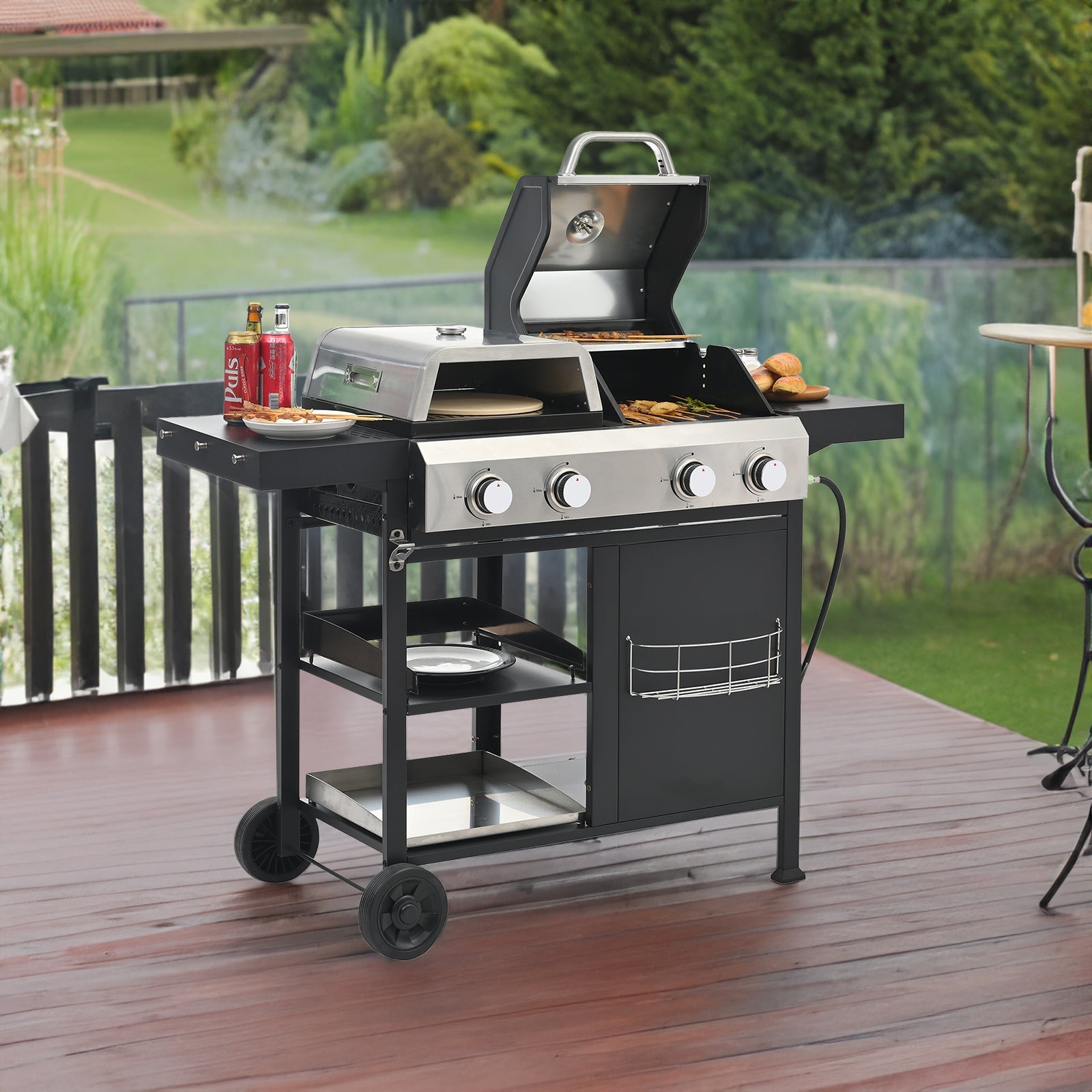 2+2 multifunctional gas barbecue grill and covered grill combination for outdoor cooking