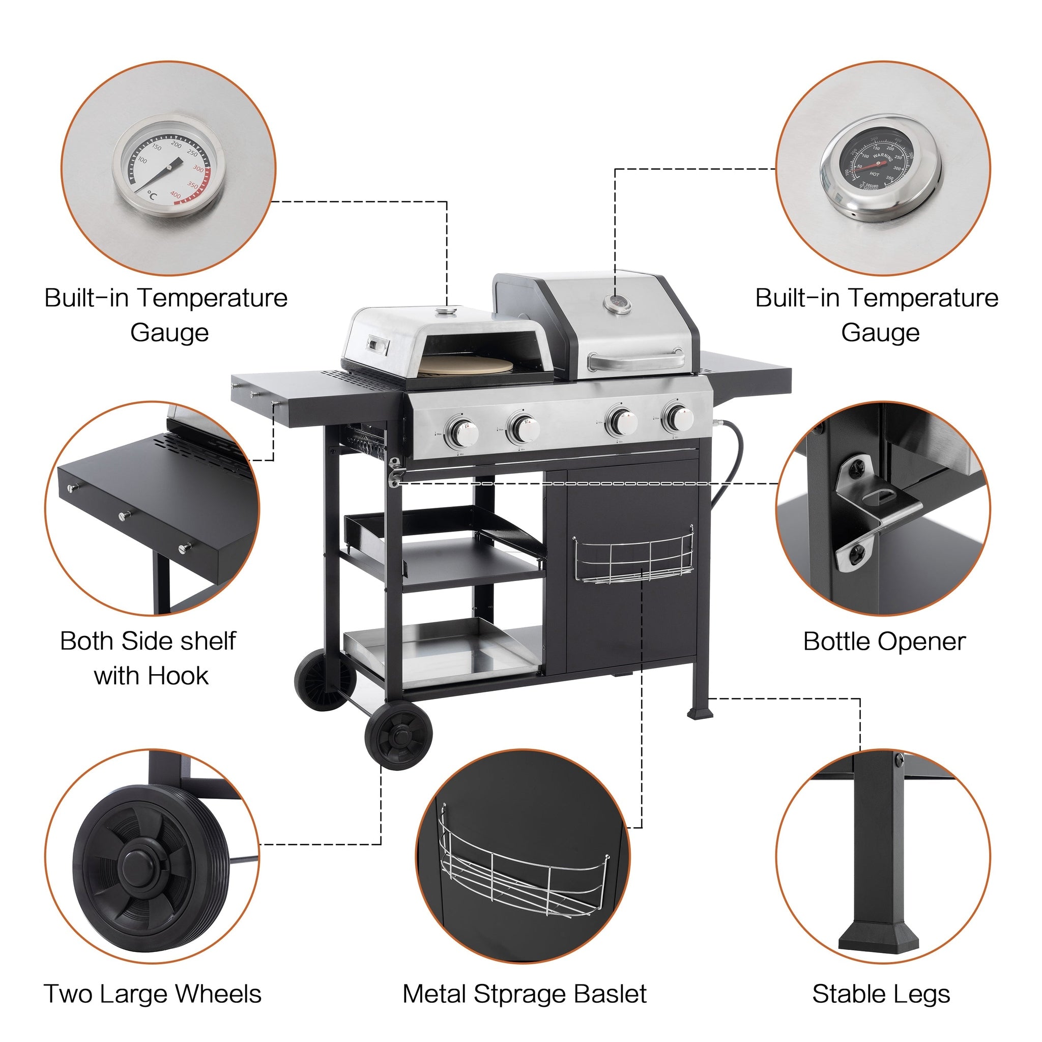 2+2 multifunctional gas barbecue grill and covered grill combination for outdoor cooking