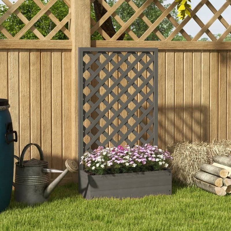 Outdoor Raised Garden Planter Box with Lattice Trellis in Grey Wood Finish