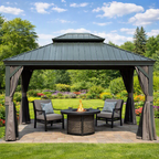 10' x 12' Hardtop Gazebo Outdoor Metal Gazebo with Galvanized Steel Double Roof Canopy, Aluminum Frame, Curtains and