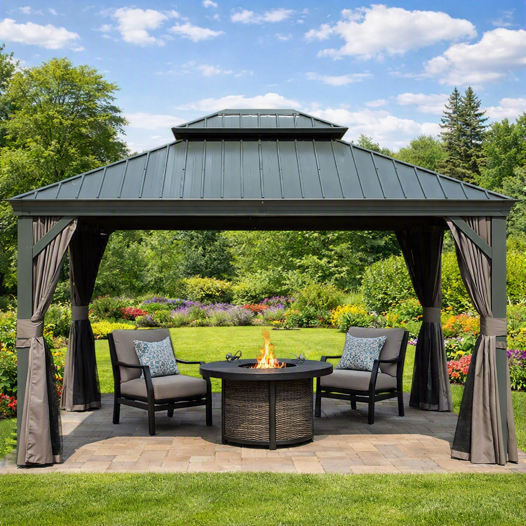 10' x 12' Hardtop Gazebo Outdoor Metal Gazebo with Galvanized Steel Double Roof Canopy, Aluminum Frame, Curtains and