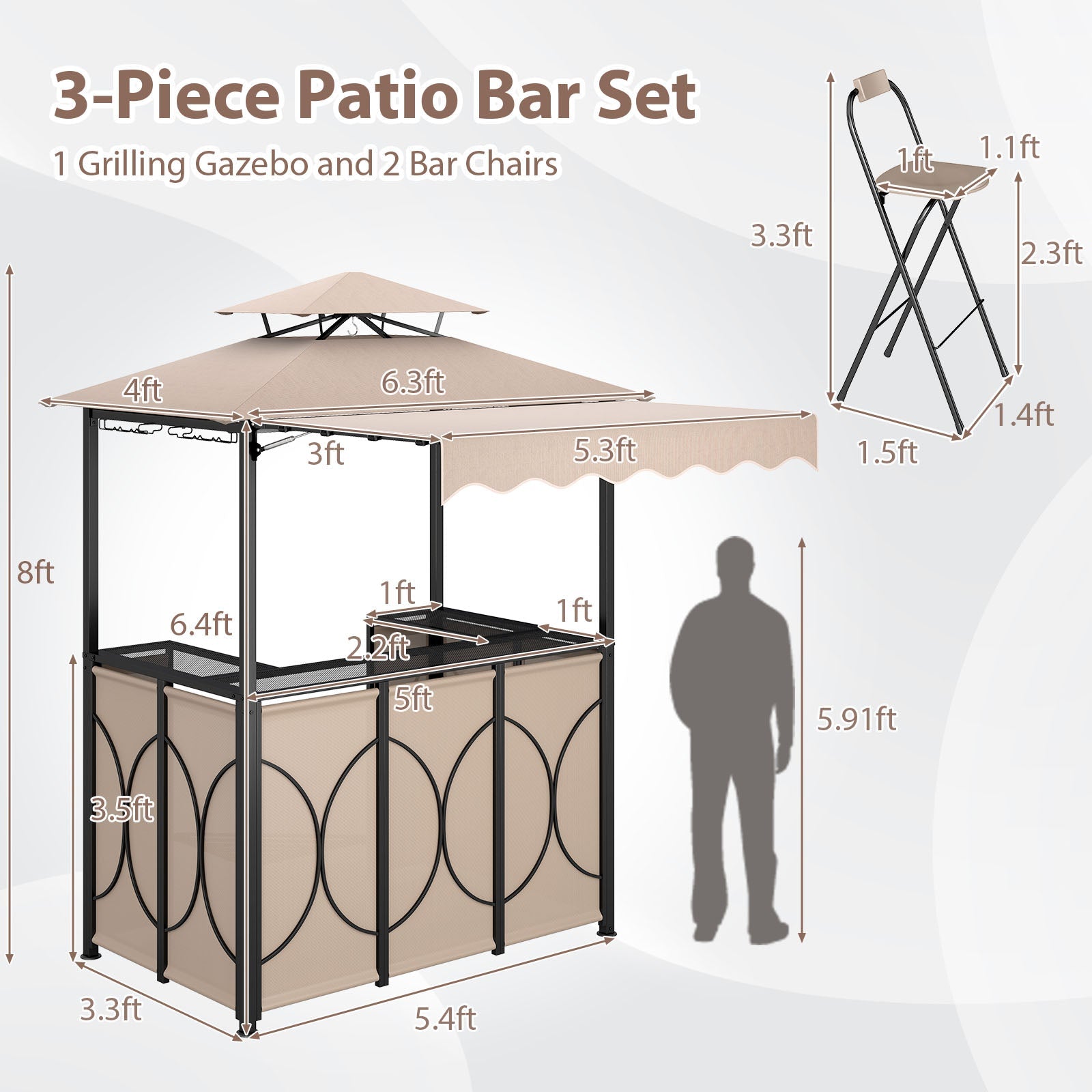 Bar Gazebo with Awning 3-Piece Outdoor Bar Canopy