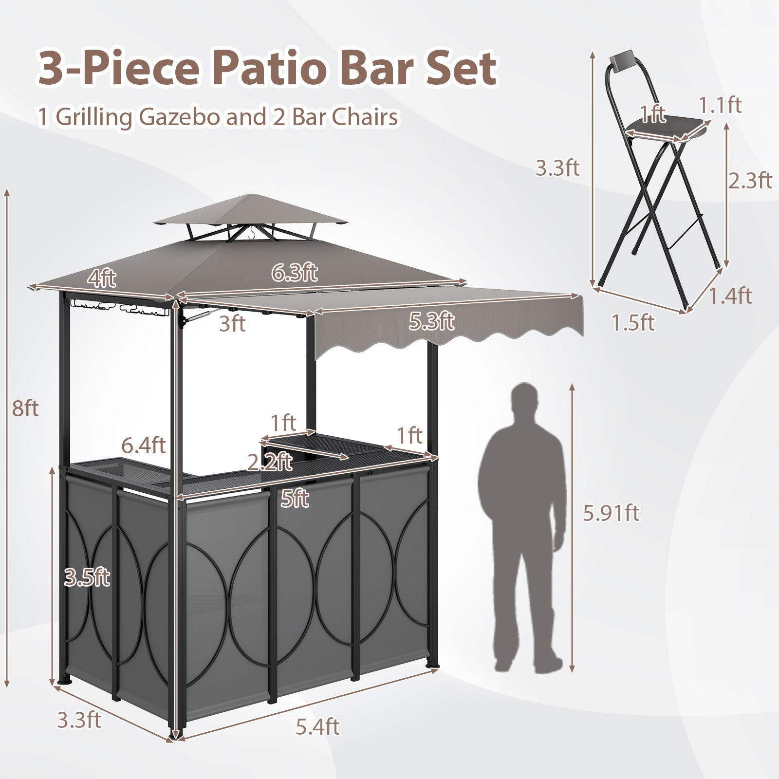 Bar Gazebo with Awning 3-Piece Outdoor Bar Canopy