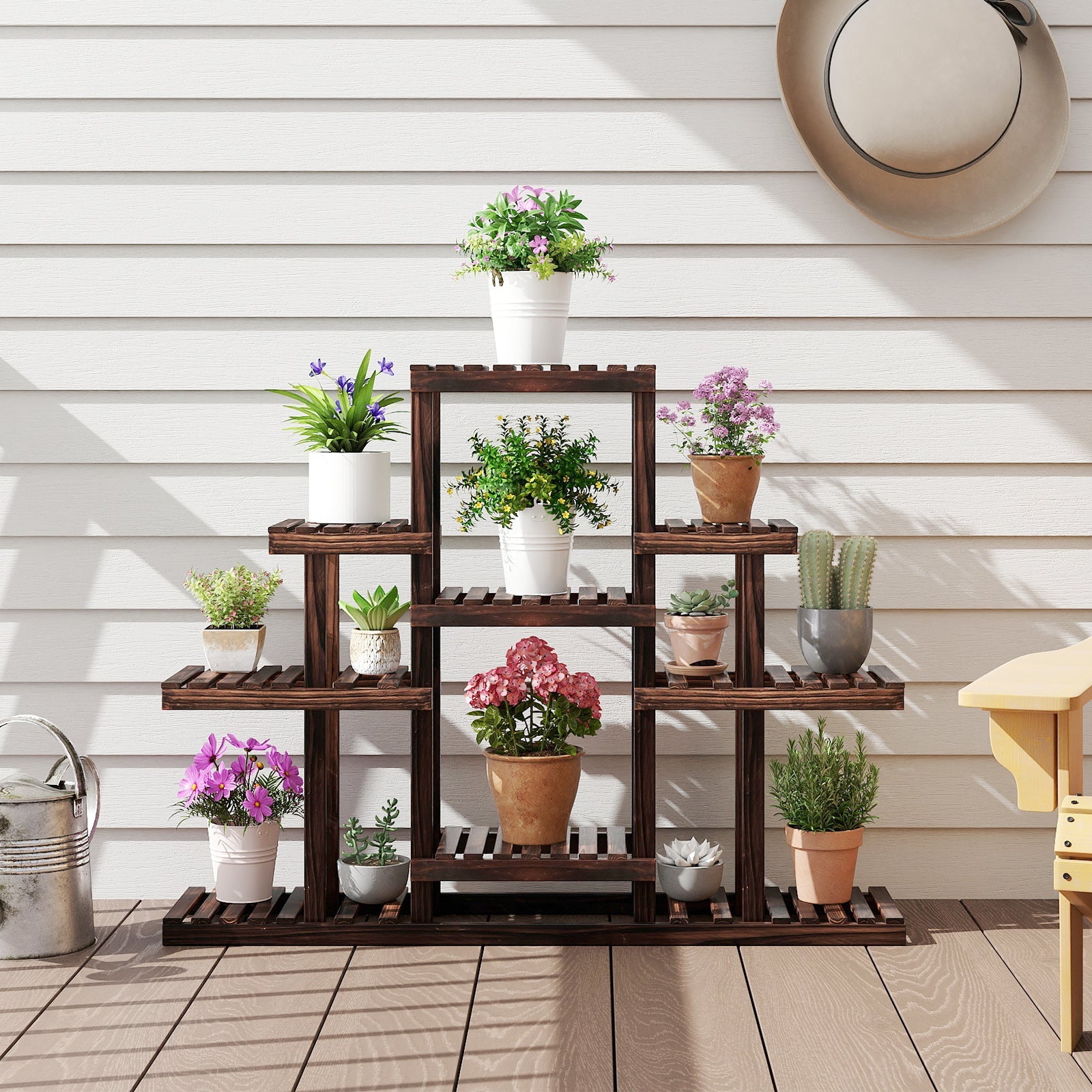 Indoor Outdoor Wood Plant Stand Multi-Tiered