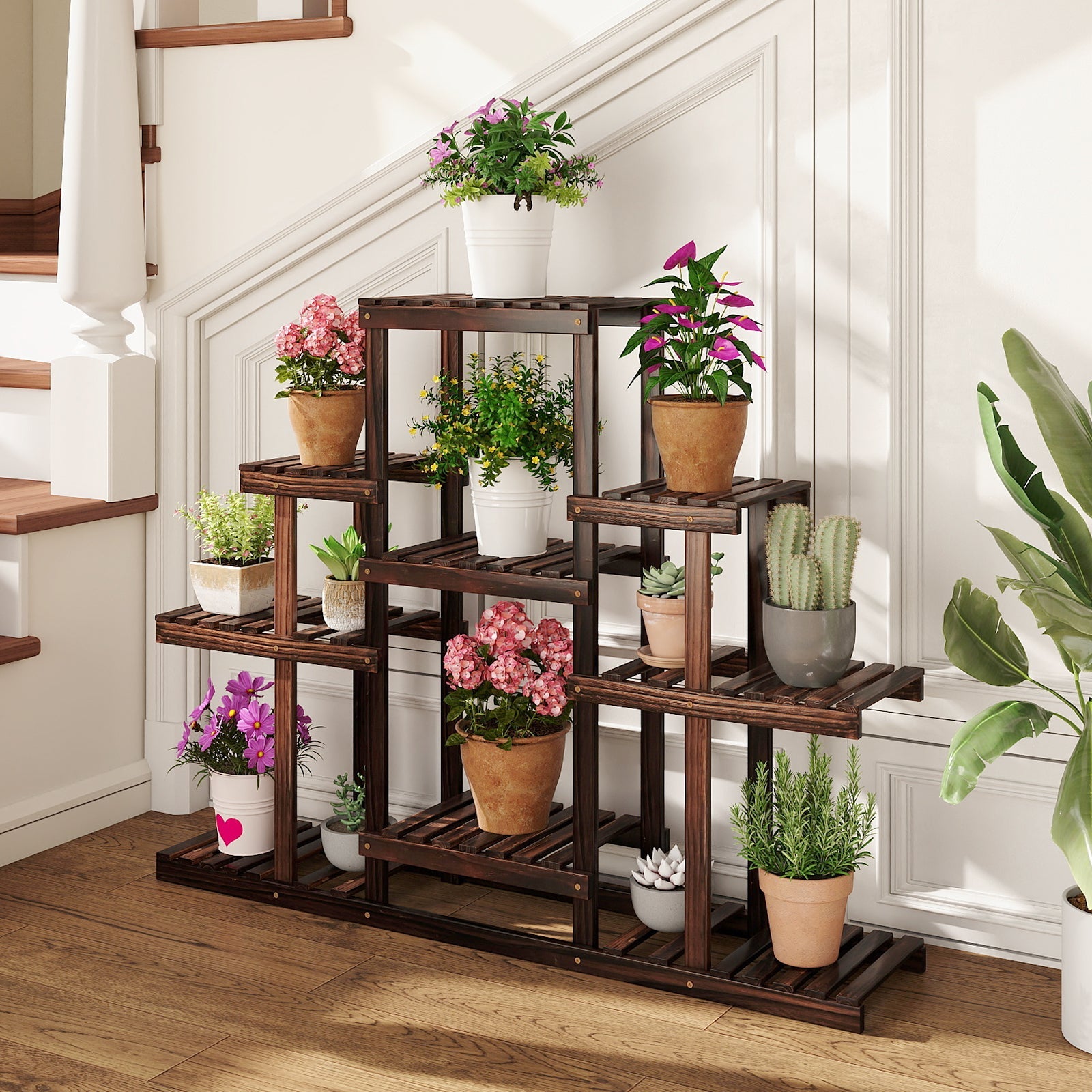 Indoor Outdoor Wood Plant Stand Multi-Tiered