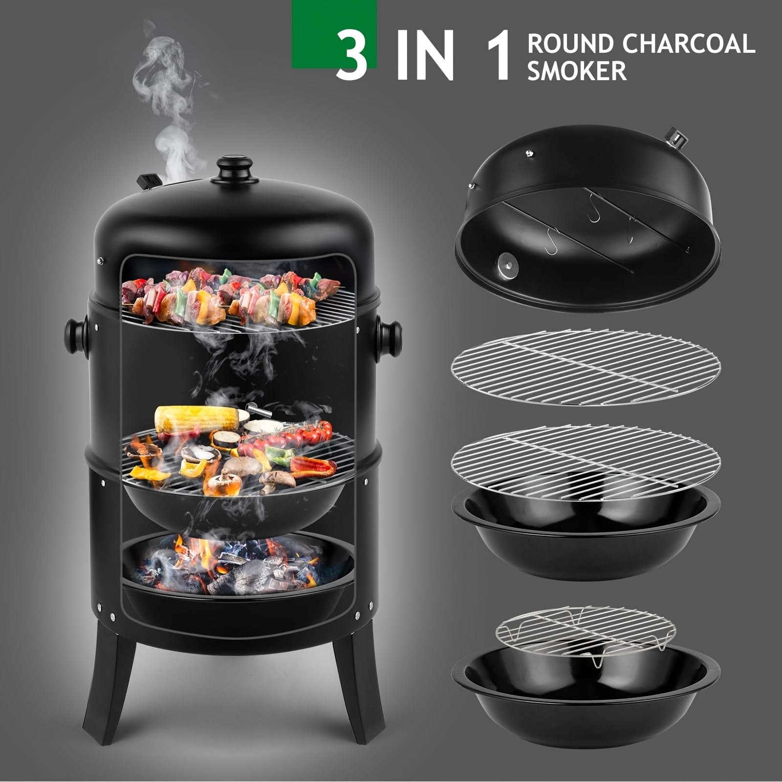 3-in-1 Charcoal Smoker Grill BBQ Fire Pit Portable Outdoor Camping Grill