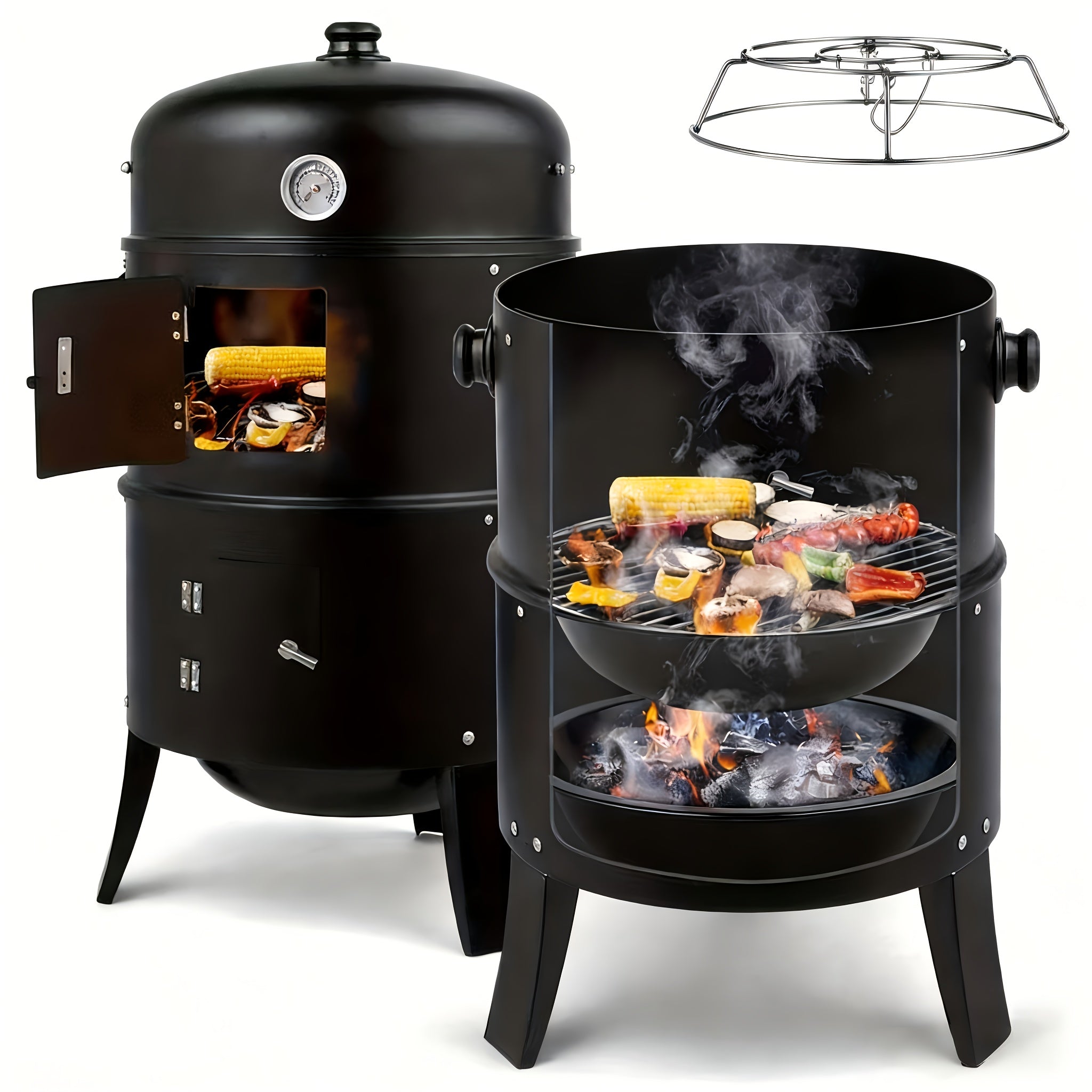 3-in-1 Charcoal Smoker Grill BBQ Fire Pit Portable Outdoor Camping Grill