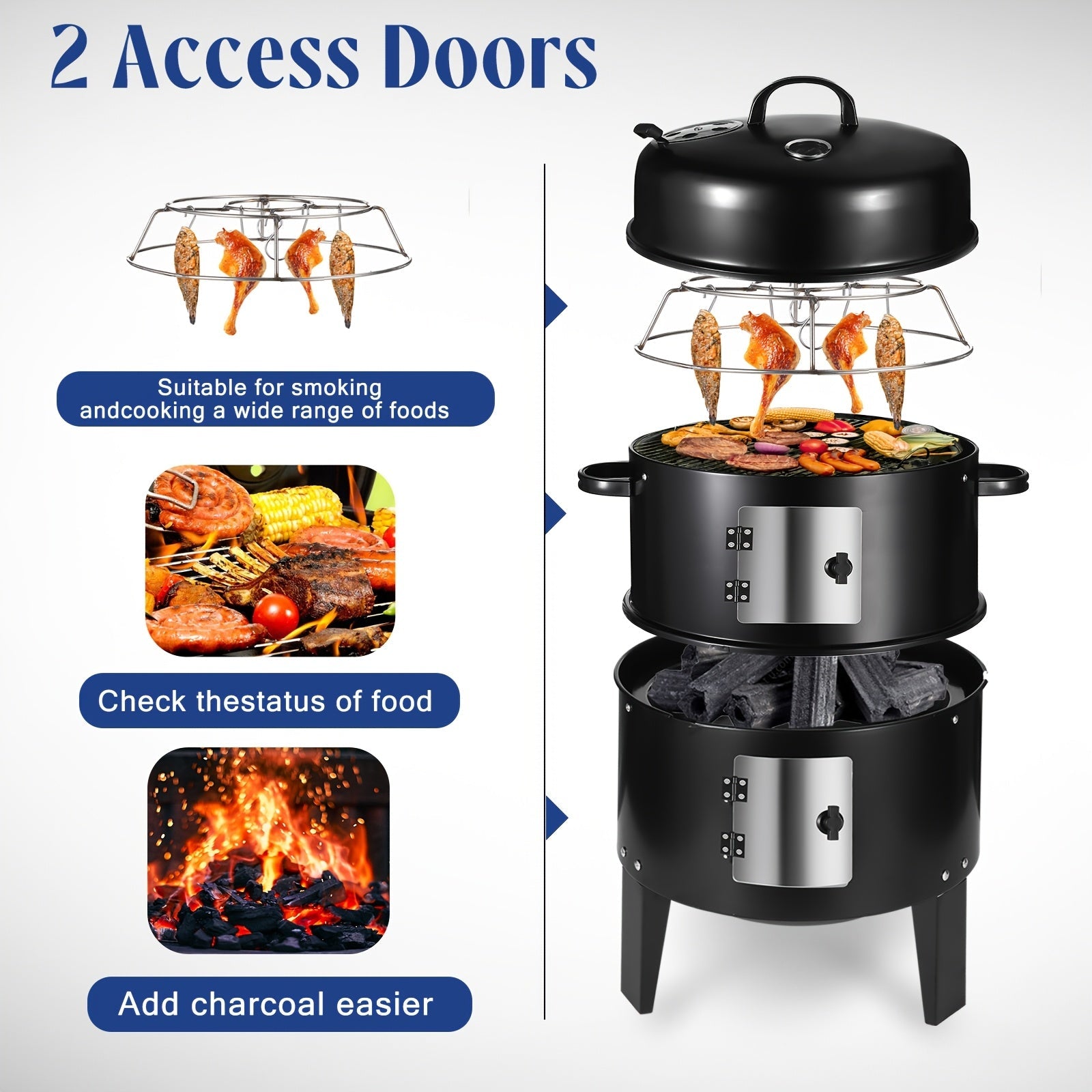 3-in-1 Charcoal Smoker Grill BBQ Fire Pit Portable Outdoor Camping Grill