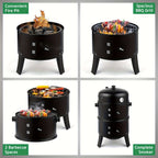 3-in-1 Charcoal Smoker Grill BBQ Fire Pit Portable Outdoor Camping Grill