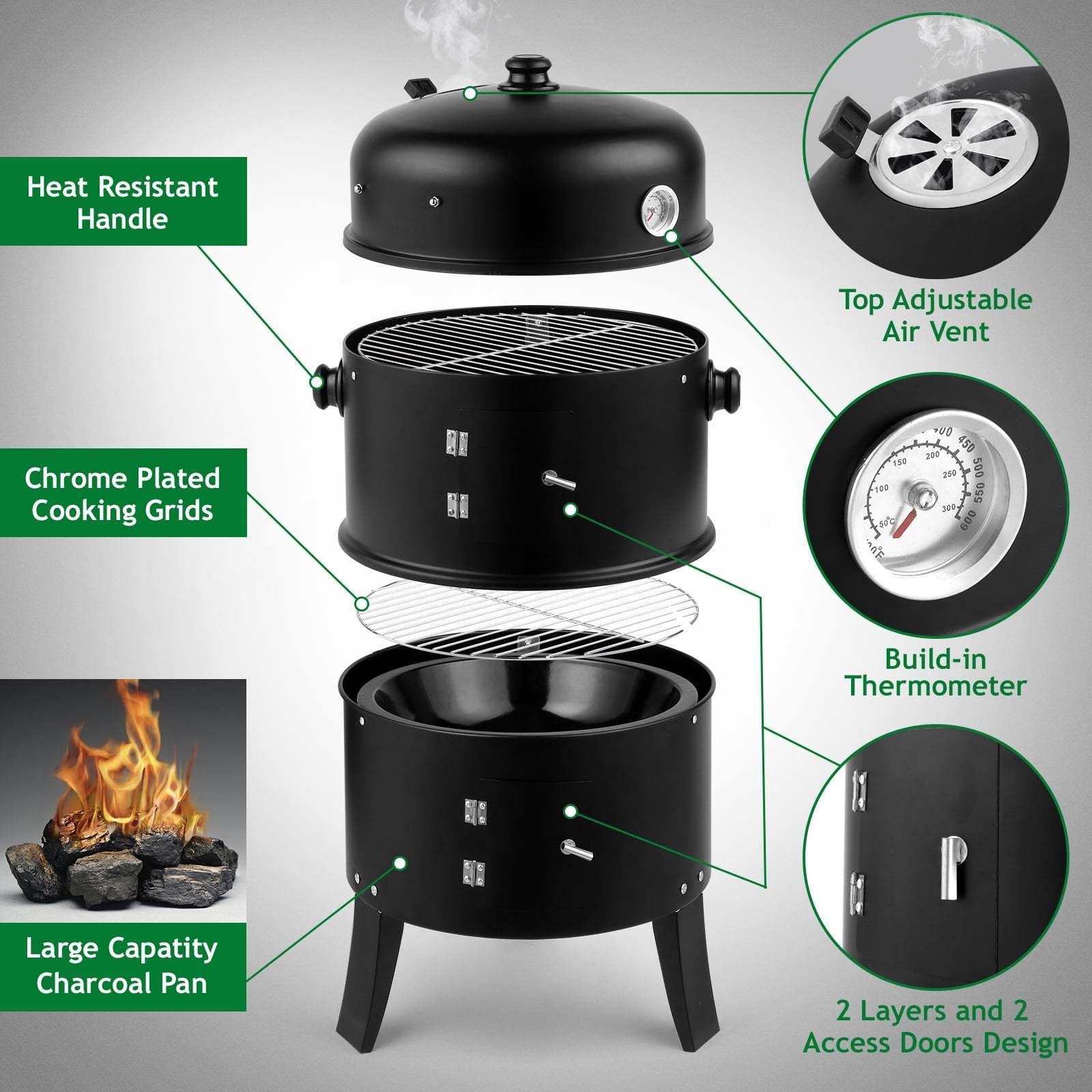 3-in-1 Charcoal Smoker Grill BBQ Fire Pit Portable Outdoor Camping Grill