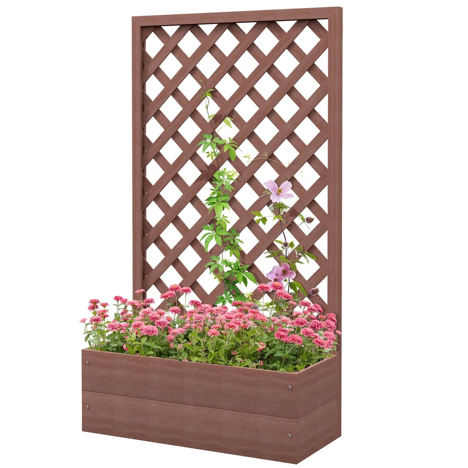 Brown Wooden Raised Garden Bed Planter Box with Lattice Trellis