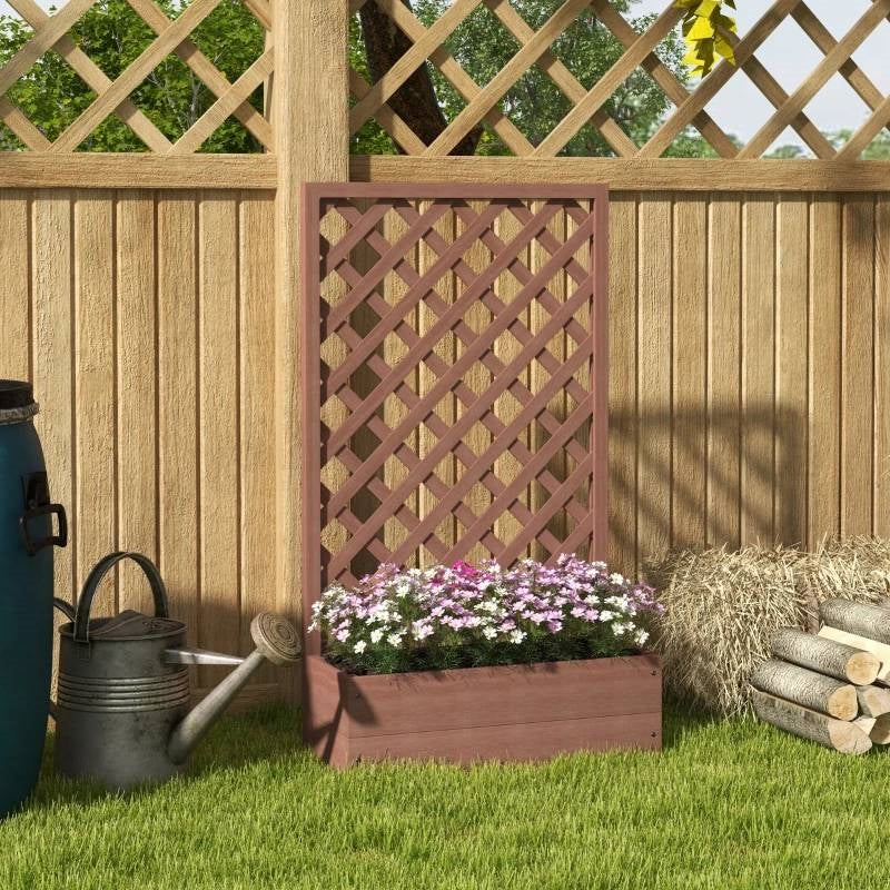 Brown Wooden Raised Garden Bed Planter Box with Lattice Trellis