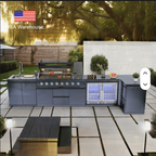 Outdoor Kitchen Island | Black Modular Outdoor Kitchen | 6 Burner Gas Grill, Large Sink, and Fridge