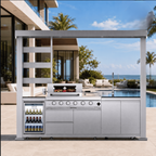 Outdoor Kitchen Island Grill | 110.7-Inch | Imperial 4-Burner 72K BTU Deluxe Stainless Steel with Wine Cooler, Rotisserie, Cabinets, and Granite Countertops