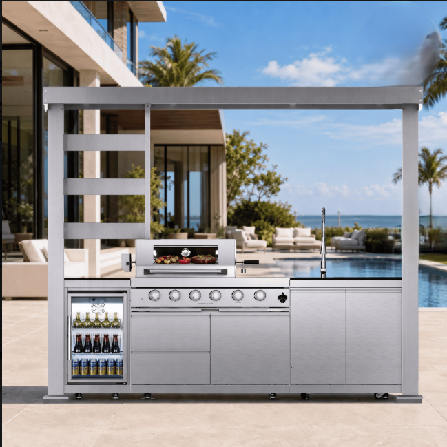 Outdoor Kitchen Island Grill | 110.7-Inch | Imperial 4-Burner 72K BTU Deluxe Stainless Steel with Wine Cooler, Rotisserie, Cabinets, and Granite Countertops