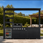 Outdoor Kitchen Island POD | 100.7" Black Stainless Steel | Propane Gas BBQ Grill,l Sink, and Fridge