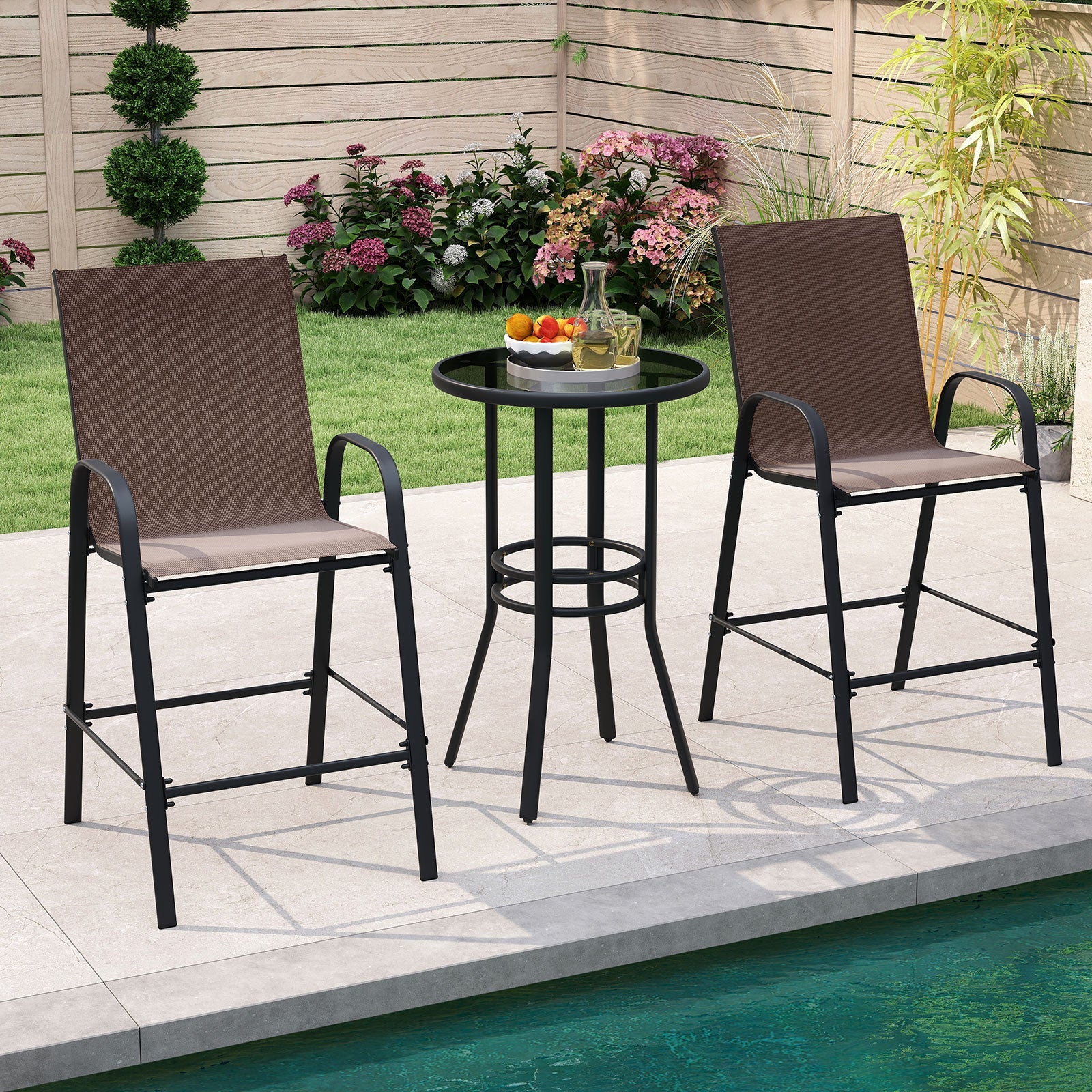 Outdoor Bar Stools Set of 2 - 29 Inch Fabric Bar Height Stools with Armrests