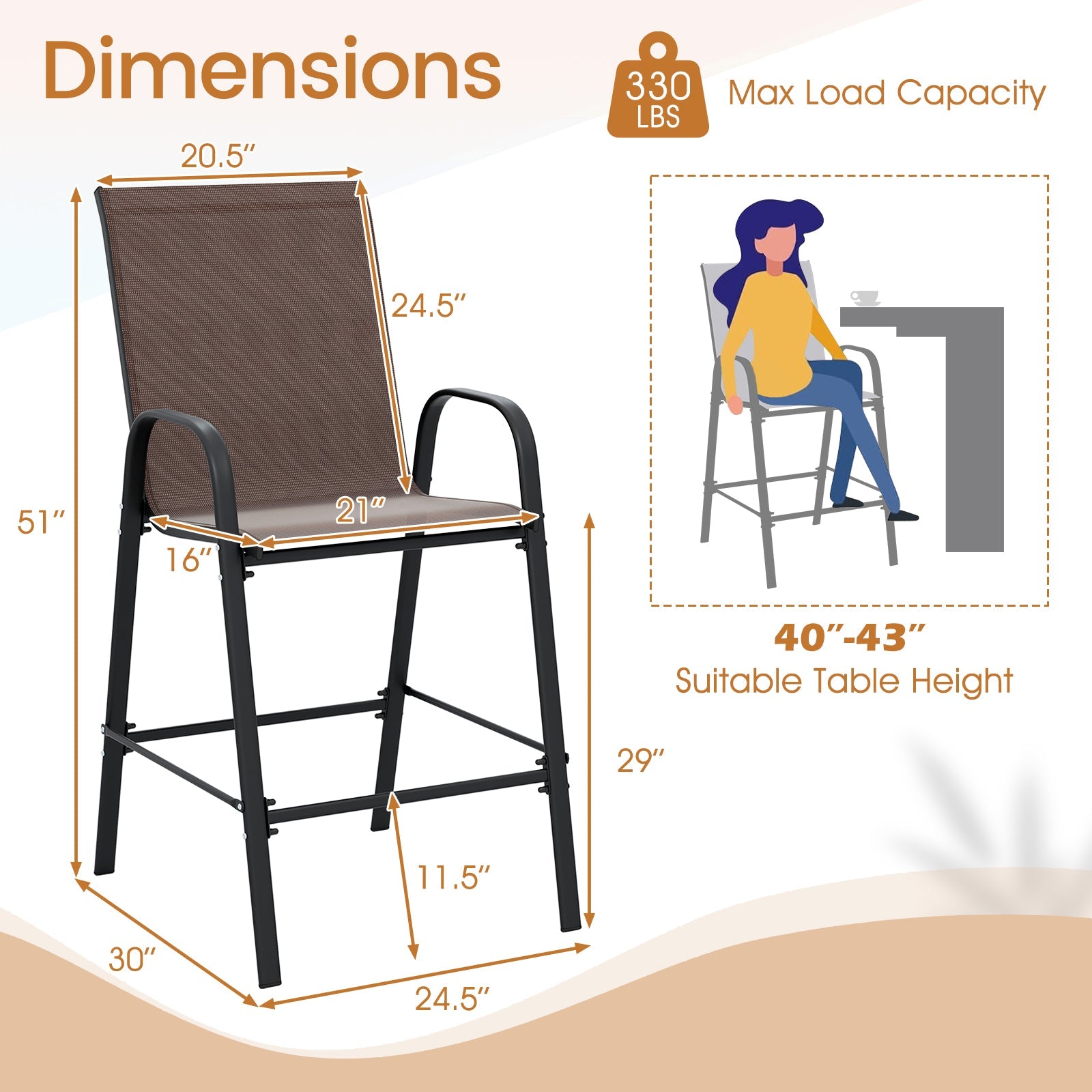 Outdoor Bar Stools Set of 2 - 29 Inch Fabric Bar Height Stools with Armrests