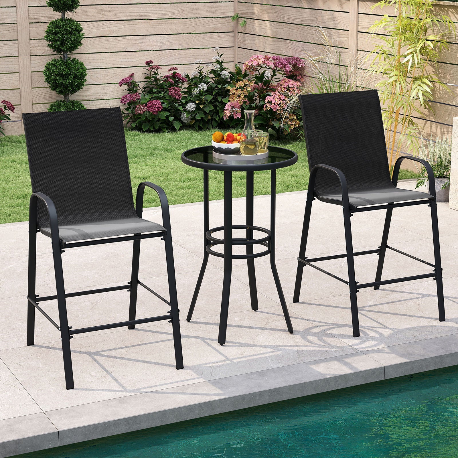 Outdoor Bar Stools Set of 2 - 29 Inch Fabric Bar Height Stools with Armrests
