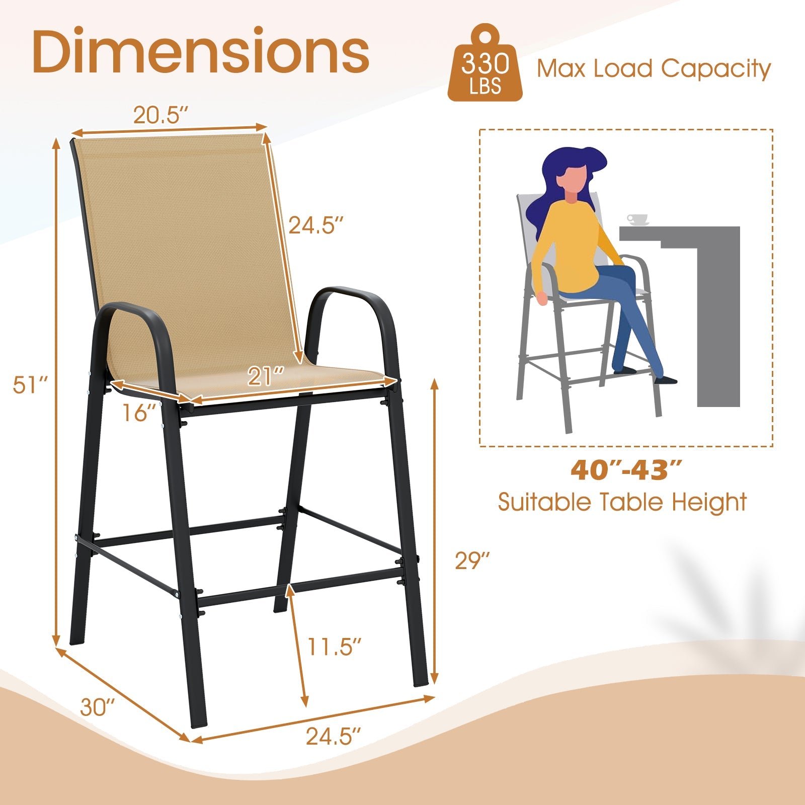 Outdoor Bar Stools Set of 2 - 29 Inch Fabric Bar Height Stools with Armrests
