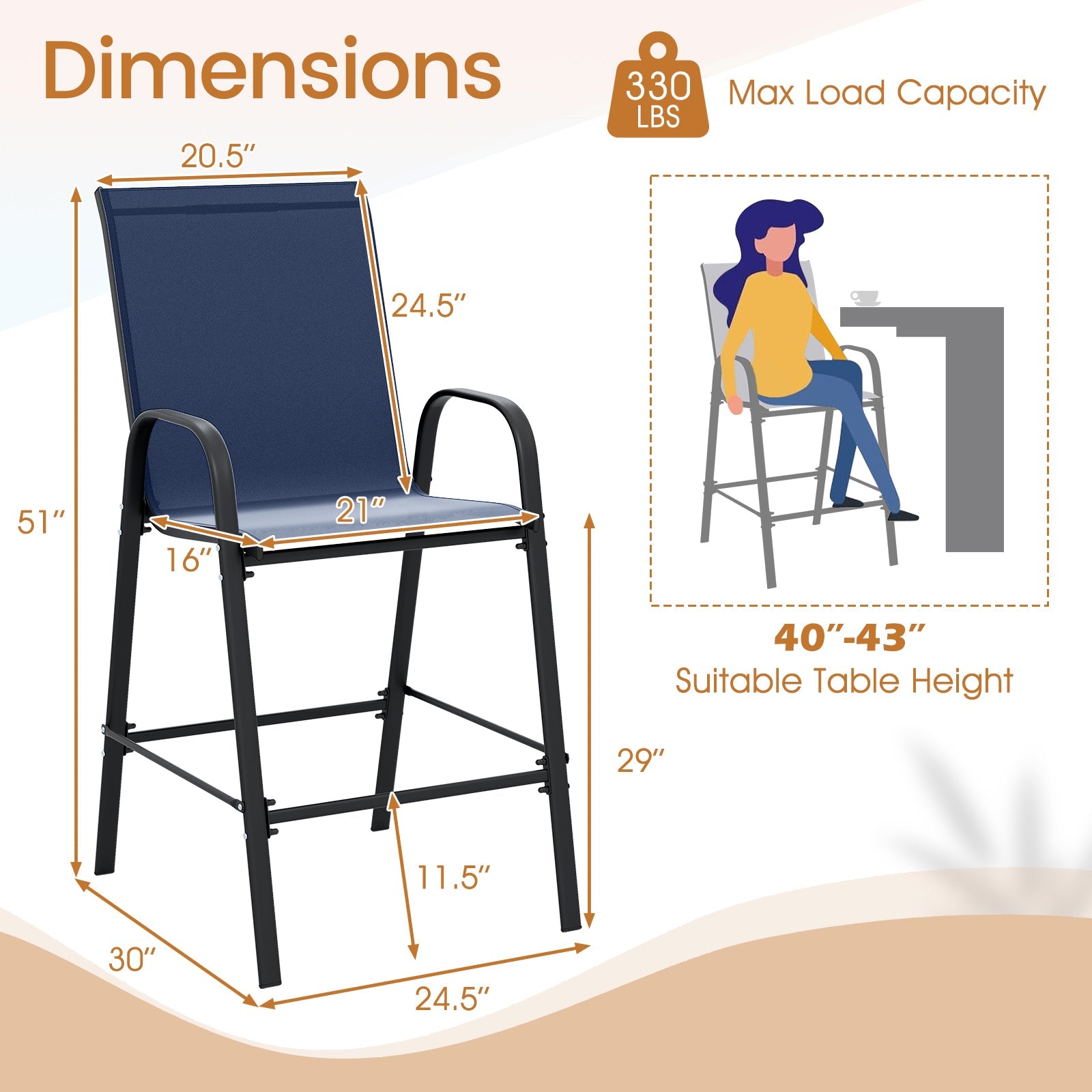 Outdoor Bar Stools Set of 2 - 29 Inch Fabric Bar Height Stools with Armrests
