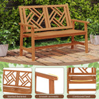 Outdoor Bench Wood 2-Person Patio Loveseat Chair with Geometric Backrest