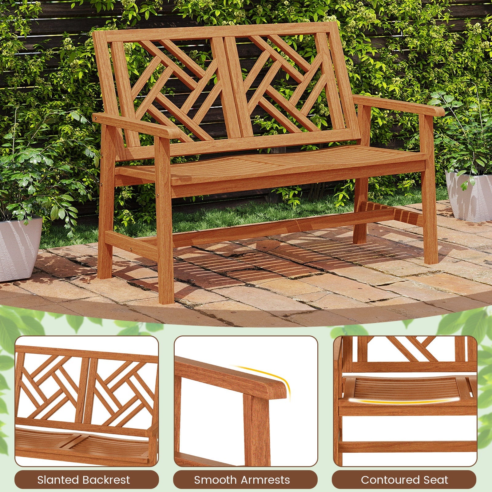 Outdoor Bench Wood 2-Person Patio Loveseat Chair with Geometric Backrest
