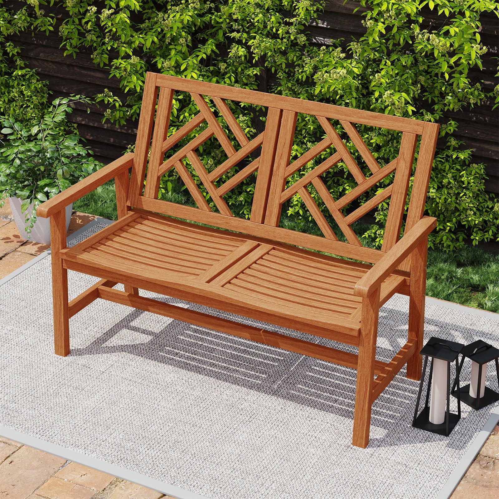 Outdoor Bench Wood 2-Person Patio Loveseat Chair with Geometric Backrest