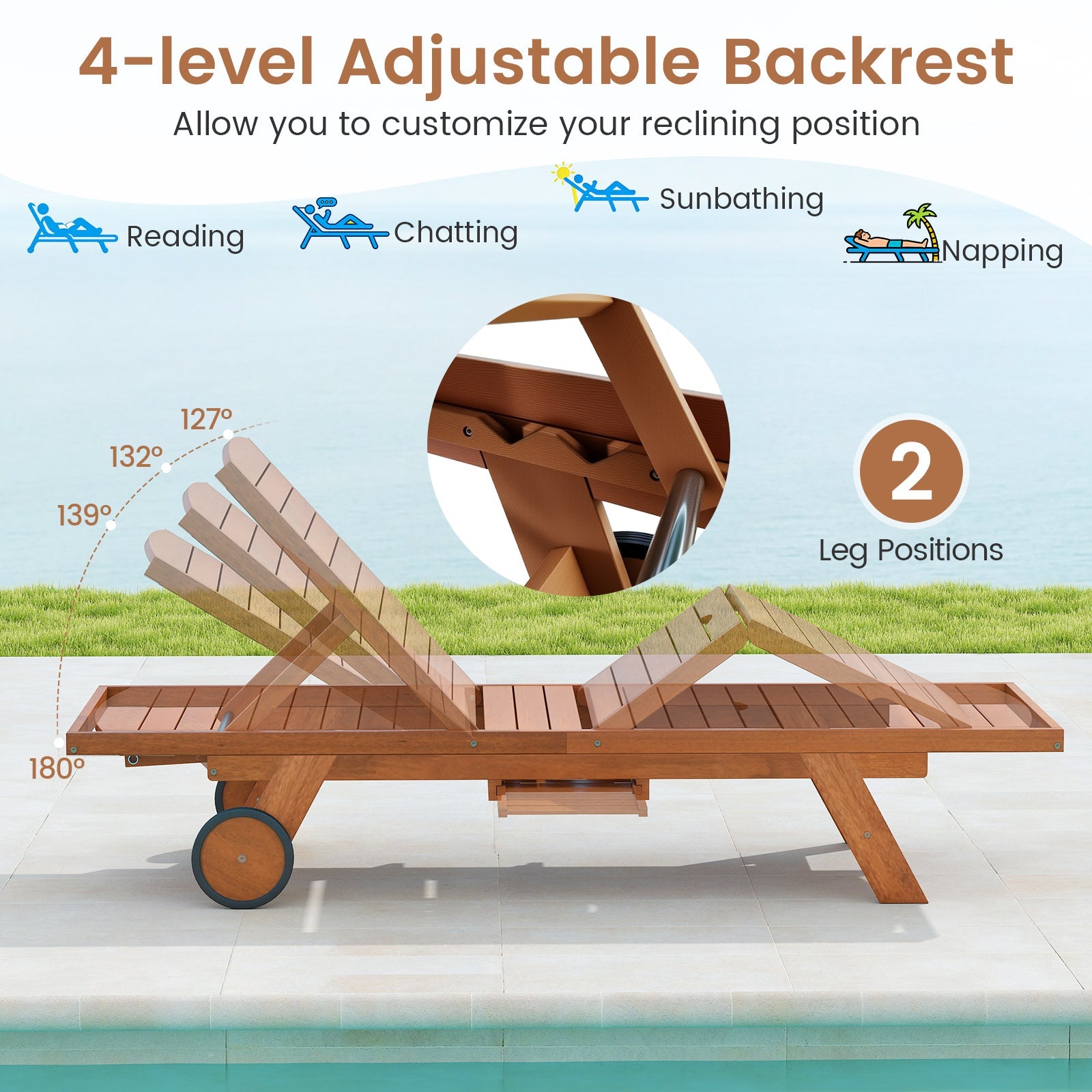 Outdoor Chaise Lounge Chair with Wheels