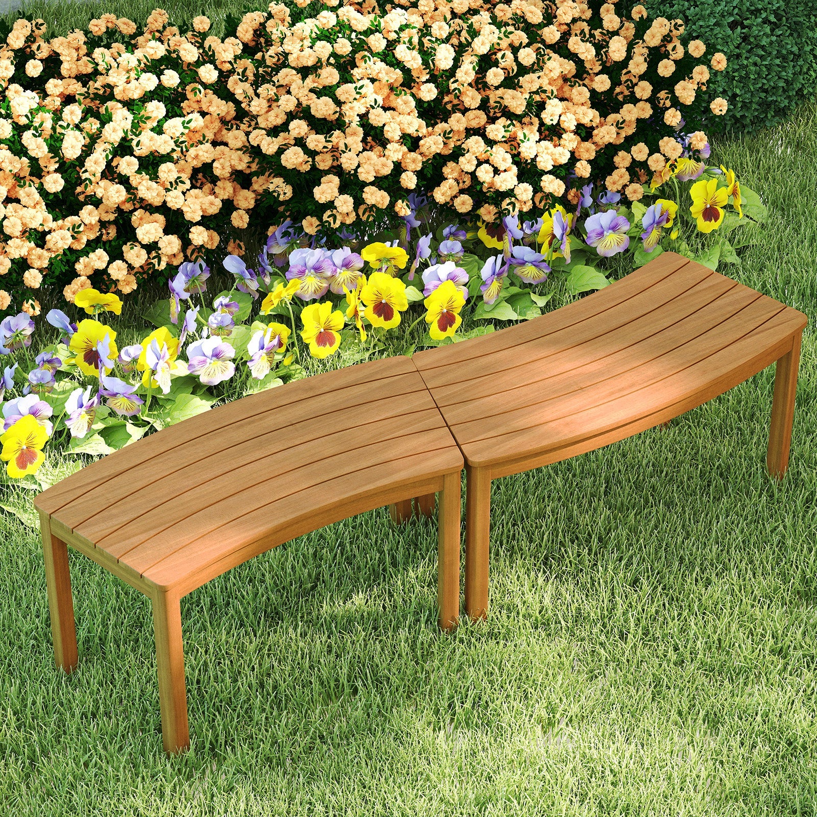 Outdoor Curved Acacia Wood Bench Set of 2/3/4 for Front Porch