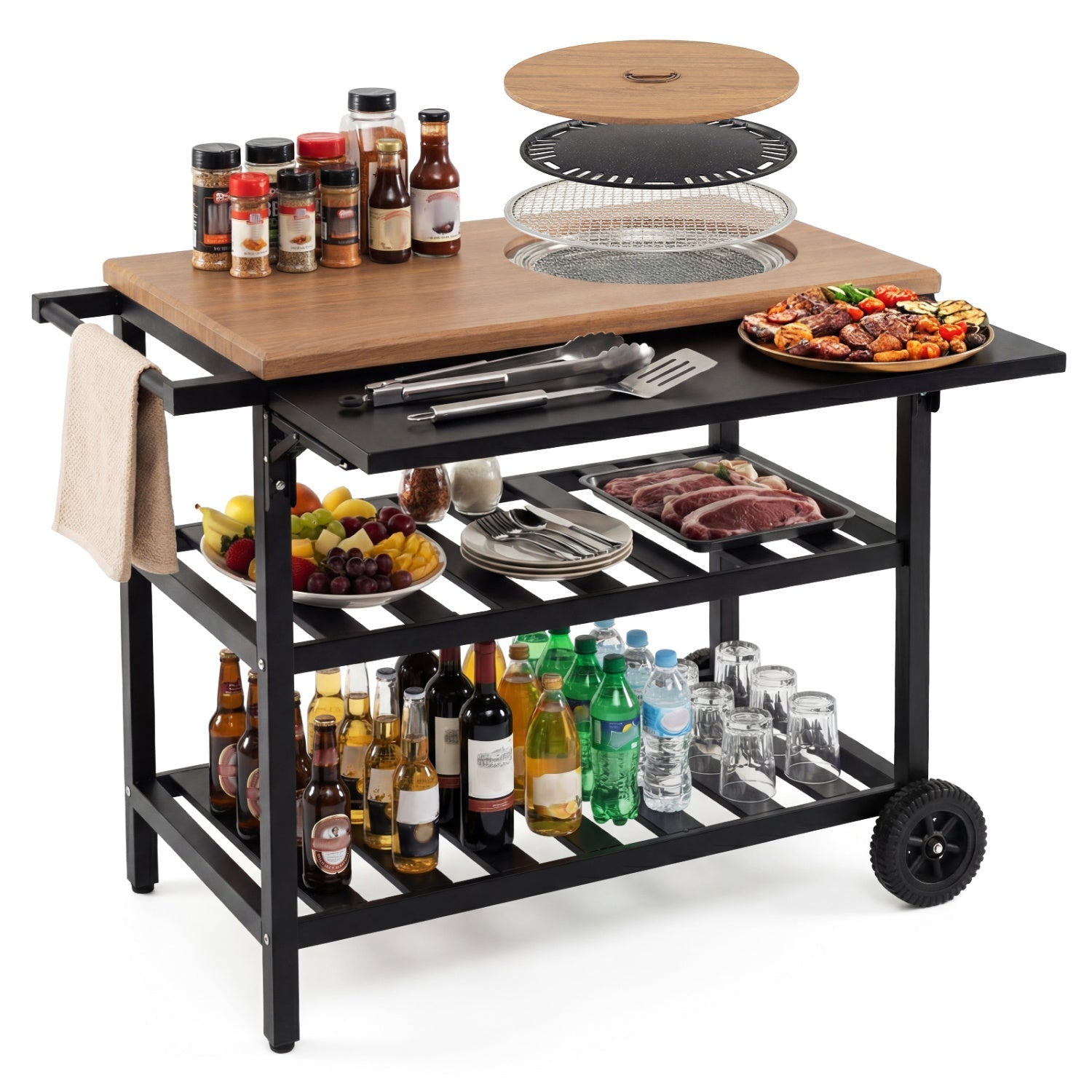 Outdoor Dining Cart with BBQ Grill and Folding Side Panel