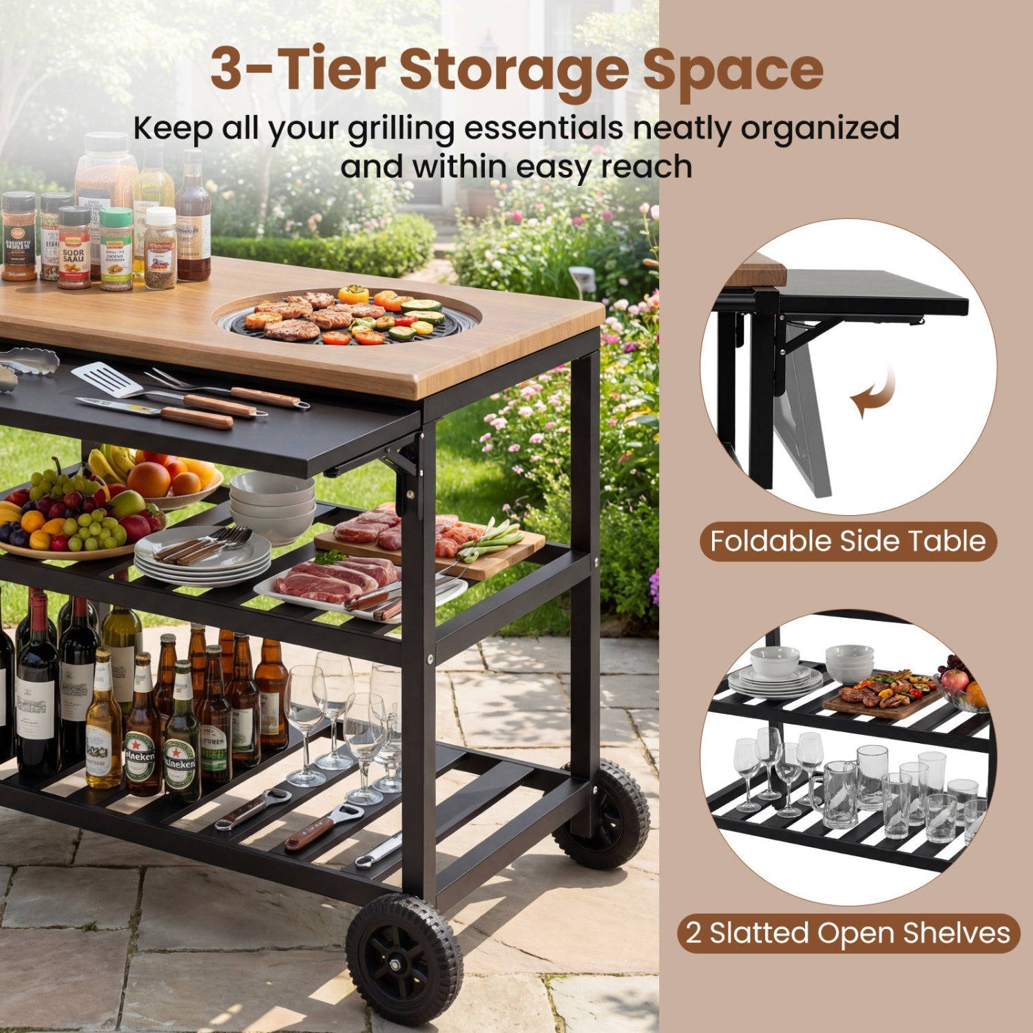 Outdoor Dining Cart with BBQ Grill and Folding Side Panel