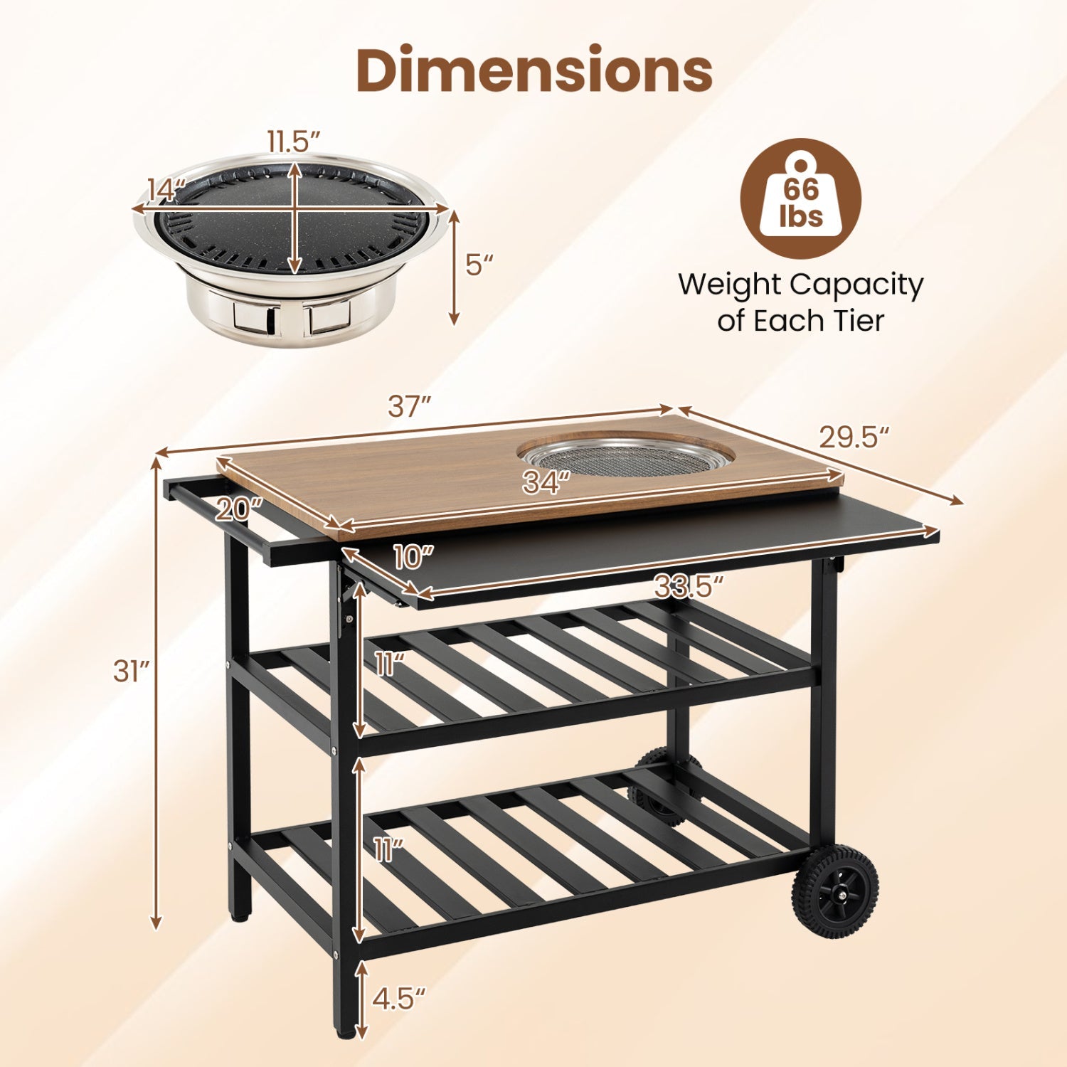 Outdoor Dining Cart with BBQ Grill and Folding Side Panel