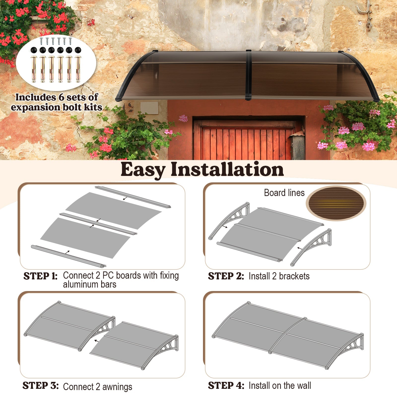 Outdoor Front Door Patio Overhang Awning for Sunlight Rain Snow Wind Protection