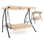 2-Seat Outdoor Convertible Swing Chair with Flat Bed and Adjustable Canopy-Beige