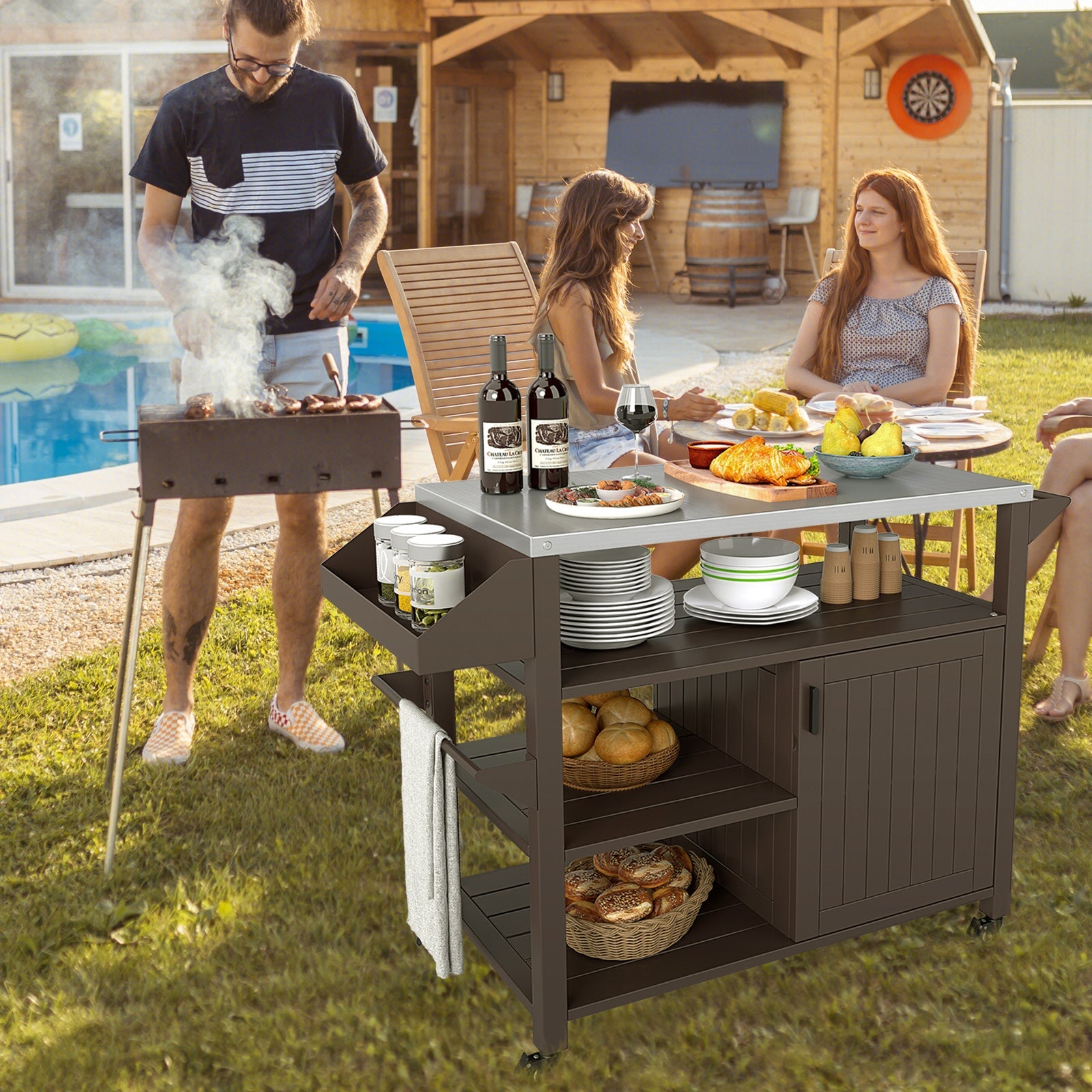 Outdoor Grill Cart with Storage Cabinet, Shelves, and Stainless-Steel Top