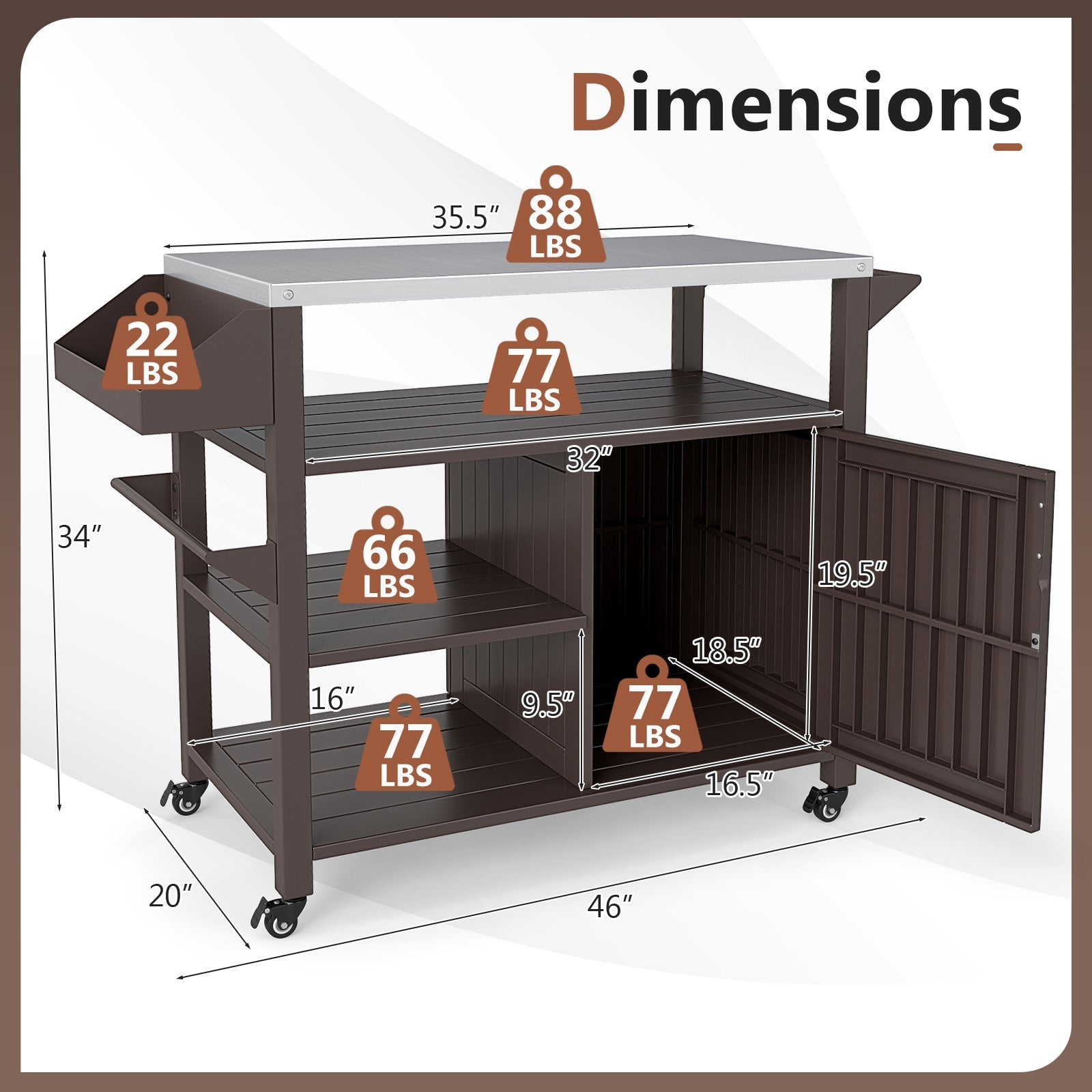 Outdoor Grill Cart with Storage Cabinet, Shelves, and Stainless-Steel Top