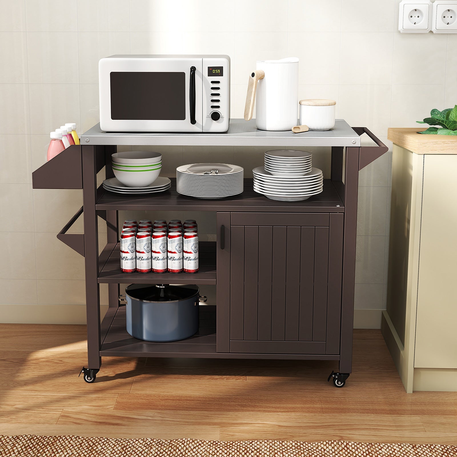 Outdoor Grill Cart with Storage Cabinet, Shelves, and Stainless-Steel Top