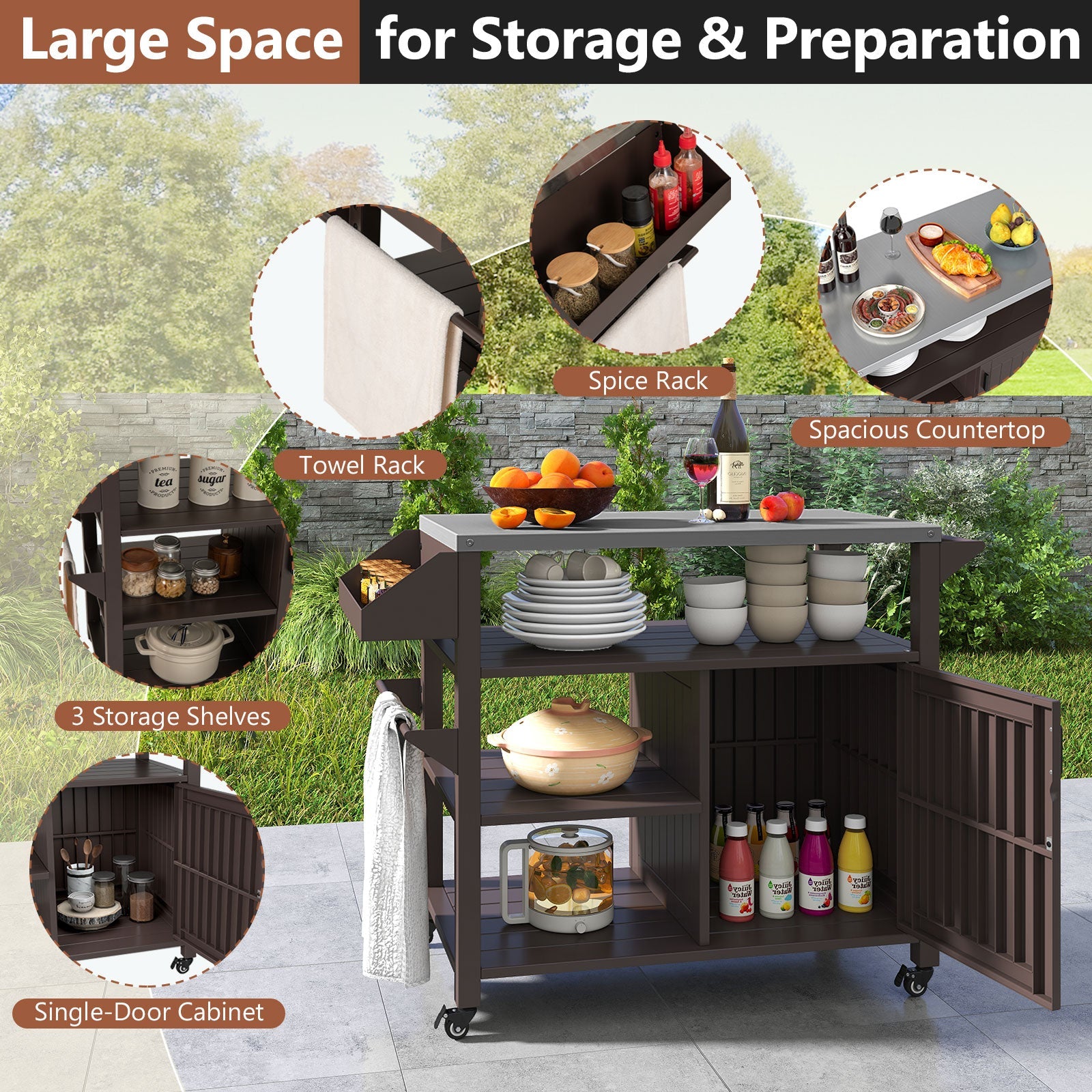Outdoor Grill Cart with Storage Cabinet, Shelves, and Stainless-Steel Top