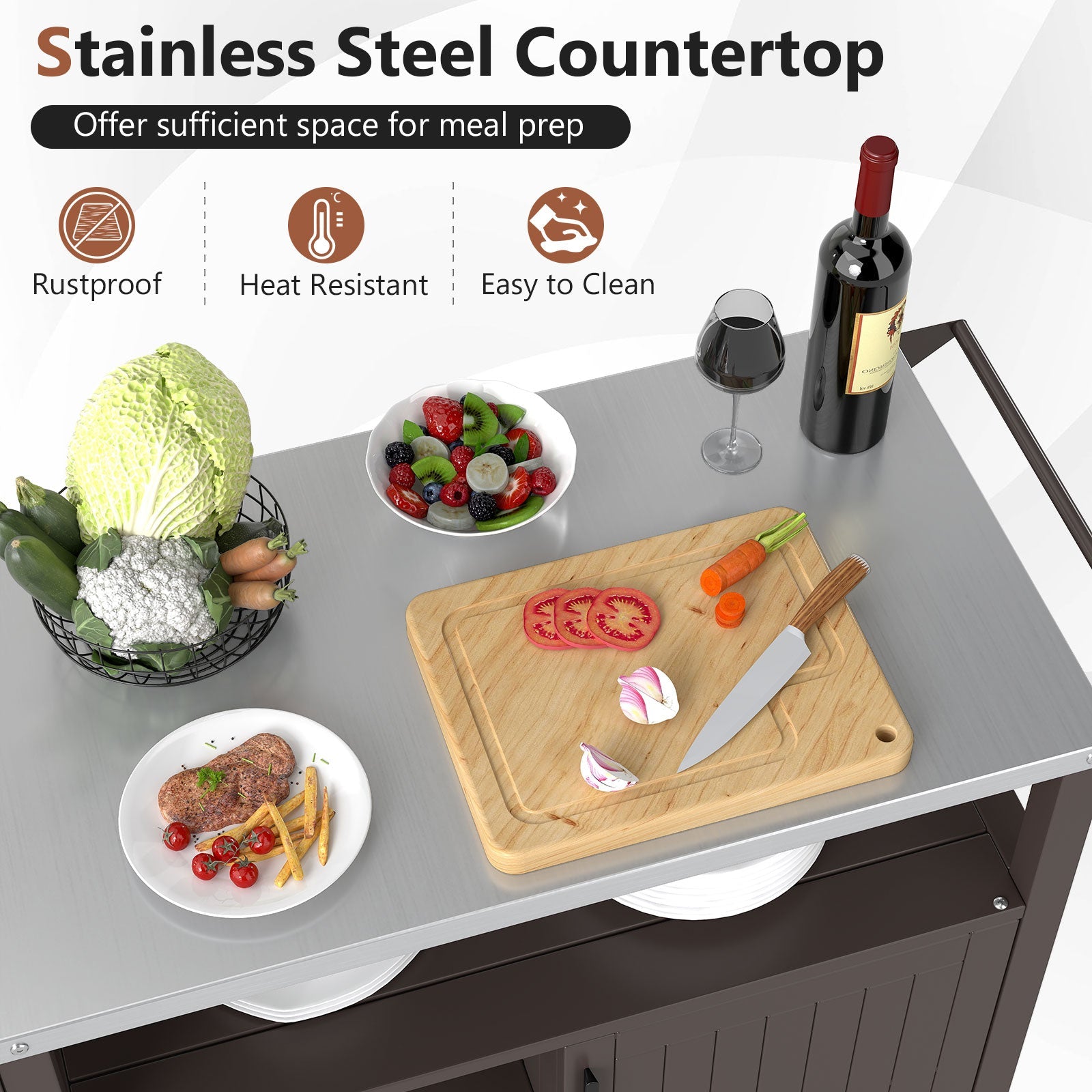 Outdoor Grill Cart with Storage Cabinet, Shelves, and Stainless-Steel Top