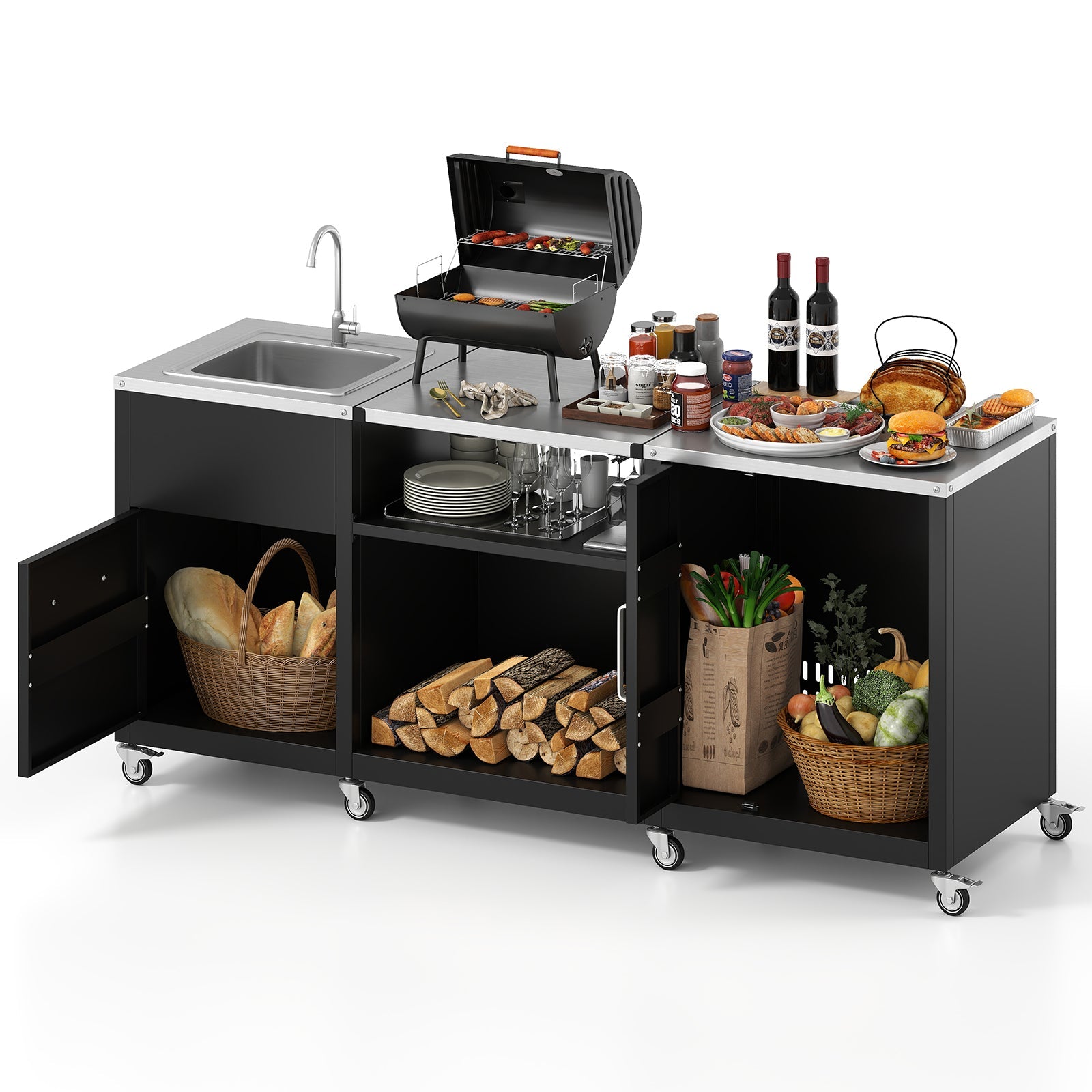 Outdoor Grill Table with Sink - Heavy Duty Metal Grill Cart-Black