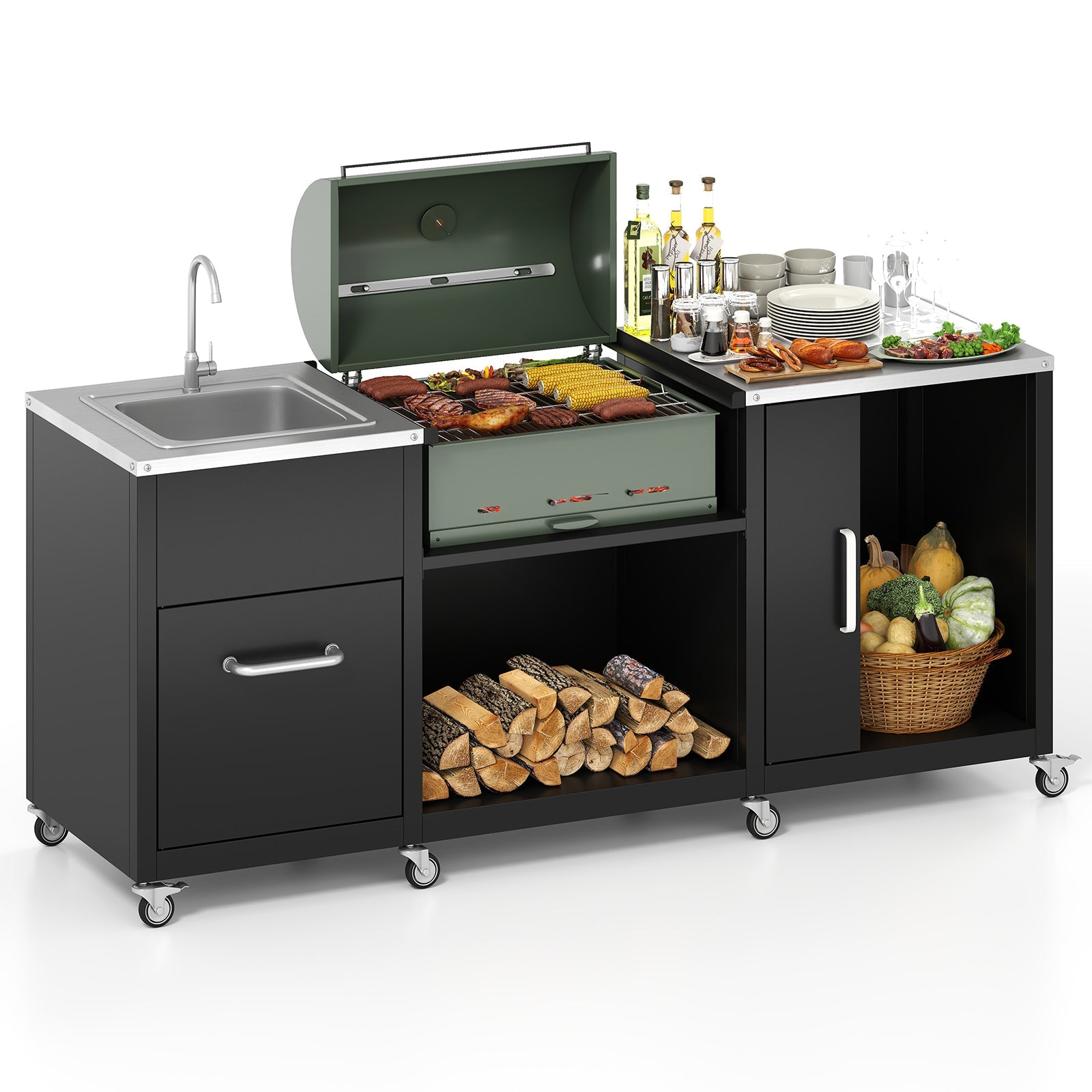 Outdoor Grill Table with Sink - Heavy Duty Metal Grill Cart-Black
