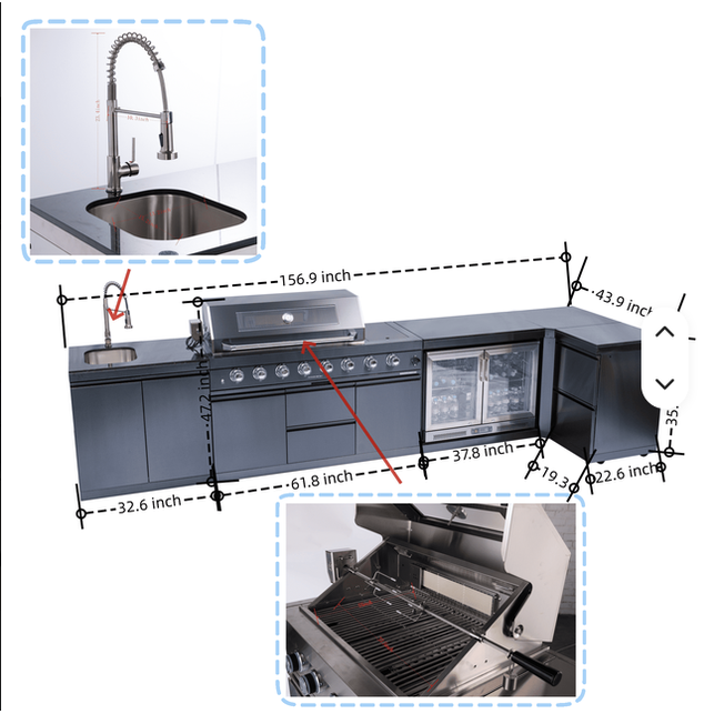 Outdoor Kitchen Island | Black Modular Outdoor Kitchen | 6 Burner Gas Grill, Large Sink, and Fridge