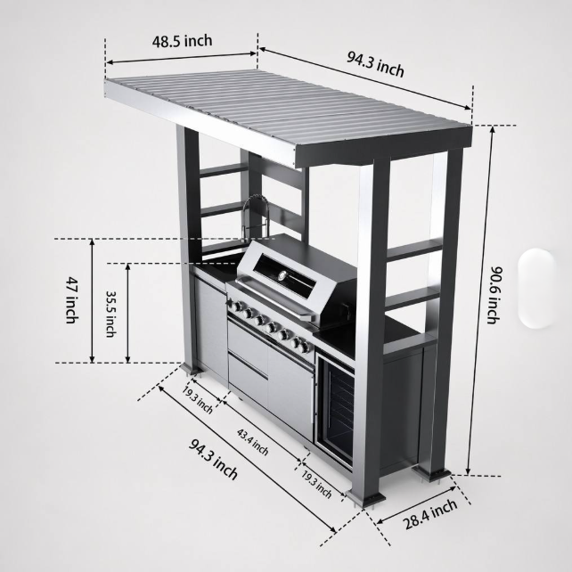 Outdoor Kitchen Island | 94.3 " wide | 6 Burner Stainless Steel | with Sink & Fridge - Outdoor BBQ Kitchen With Top